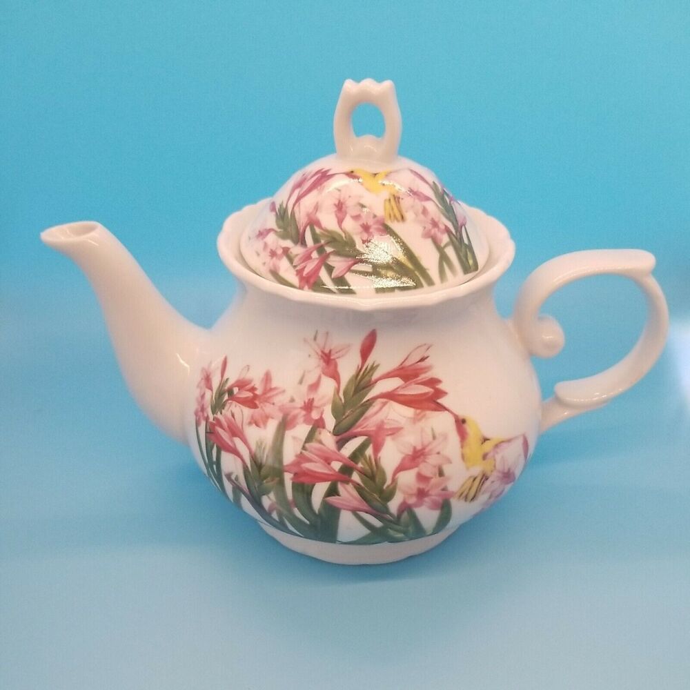 Pink Floral and Yellow Hummingbird Porcelain Four Cup Teapot